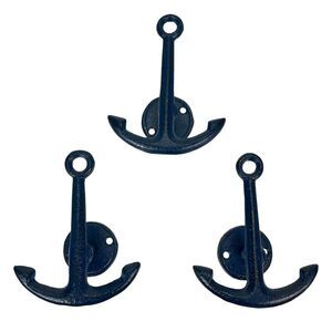 Set of 3 Navy Cast Iron Anchor Wall Hooks Nautical Coat Towel Hat Hangers Décor